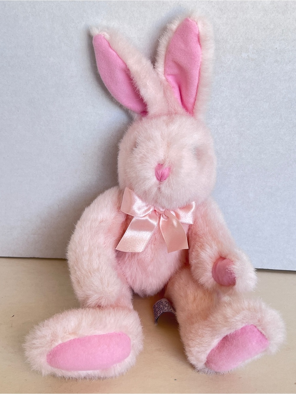 1988 Chrisha Playful Plush Pink Bunny Rabbit Stuffed With Ribbon Bow 12"